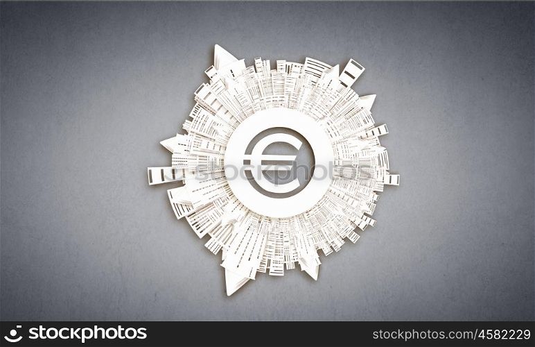 Money making concept. Euro sign with city buildings around on plain background