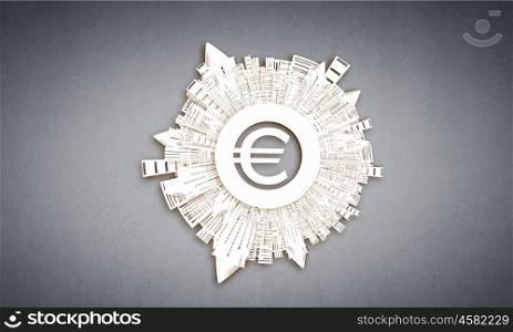 Money making concept. Euro sign with city buildings around on plain background