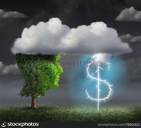 Money making idea as a wealth and entrepreneur concept with a tree head in the clouds with a lightning bolt shaped as a dollar sign as a financial symbol for debt management and profit solution.