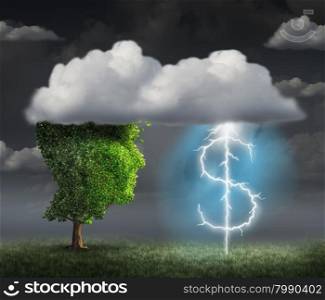 Money making idea as a wealth and entrepreneur concept with a tree head in the clouds with a lightning bolt shaped as a dollar sign as a financial symbol for debt management and profit solution.