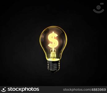 Money making idea. Light bulb with dollar sign inside on dark background