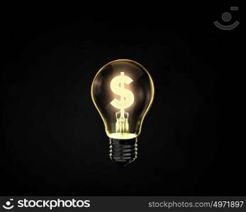 Money making idea. Light bulb with dollar sign inside on dark background