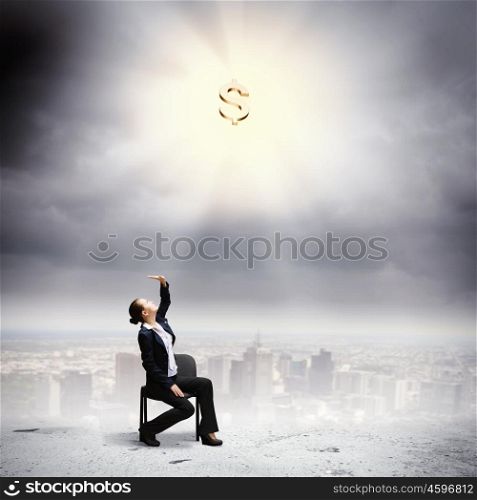 Money making. Image if businesswoman sitting on chair under rays of sun with dollar sign above