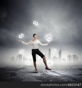 Money making. Image of businesswoman juggling with dollar symbols. Currency concept