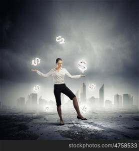 Money making. Image of businesswoman juggling with dollar symbols. Currency concept