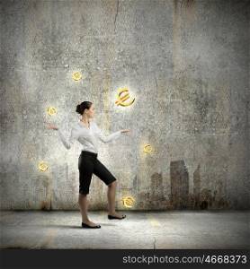 Money making. Image of businesswoman juggling with euro symbols. Currency concept