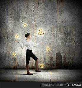 Money making. Image of businesswoman juggling with euro symbols. Currency concept