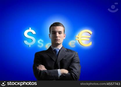 Money making. Image of confident businessman with arms crossed on chest