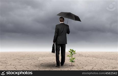 Money making. Rear view of businessman with umbrella protecting sprout