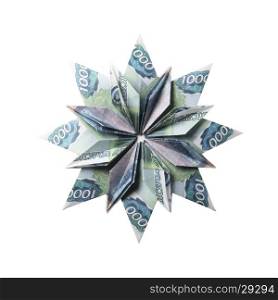 Money Origami snowflake. snowflake origami made of banknotes on a white background. Handmade