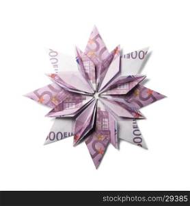 Money Origami snowflake. snowflake origami made of banknotes on a white background. Handmade
