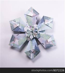 Money Origami snowflake. snowflake origami made of banknotes rubles. Handmade