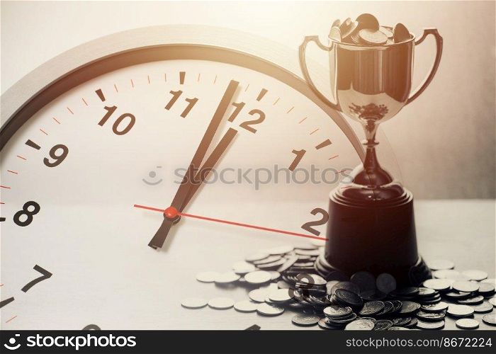 Money prize cup overlay time clock for times to successful win business game challenge and get rich concept.