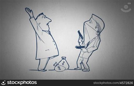 Money robbery. Caricature funny image of robbery concept on white background