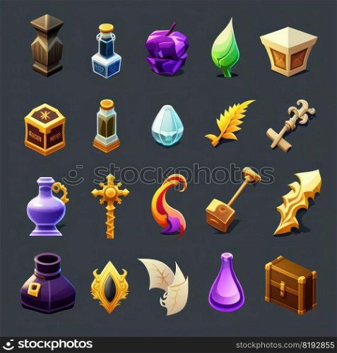 money rpg 2d game icons ai generated. crystal medieval, background magic, design fantasy money rpg 2d game icons illustration. money rpg 2d game icons ai generated
