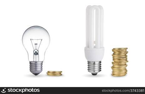 Money saved in different kinds of light bulbs. Isolated on white