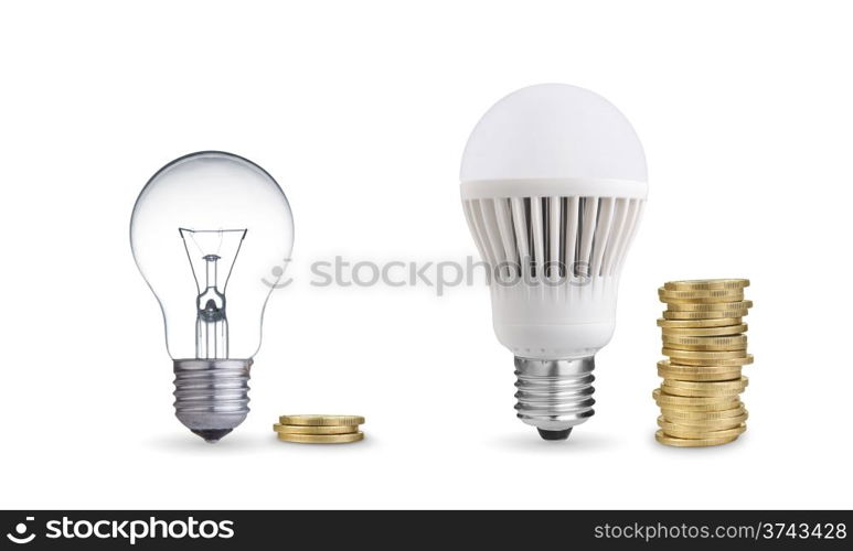 Money saved in different kinds of light bulbs. Isolated on white