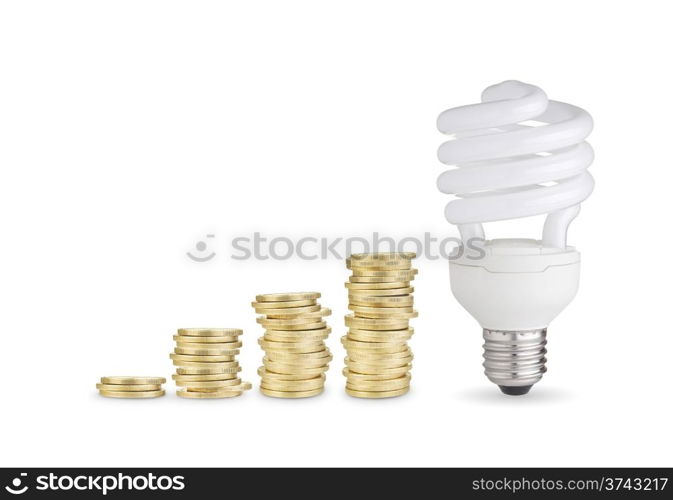 Money saved with energy saver bulb. Isolated on white background