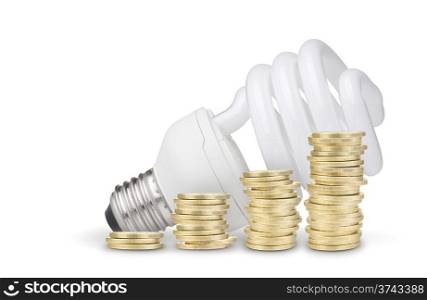 Money saved with energy saver bulb. Isolated on white background