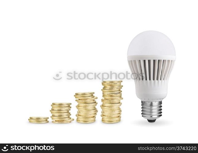 Money saved with LED bulb. Isolated on white background