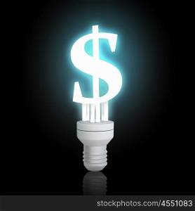 Money saving concept. Glowing light bulb with dollar sign on dark background