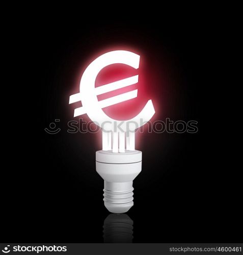 Money saving concept. Glowing light bulb with euro sign on dark background