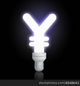 Money saving concept. Glowing light bulb with yen sign on dark background