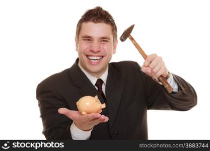 money saving concept. Happy funny business man guy with hammer about to smash piggy bank isolated on white