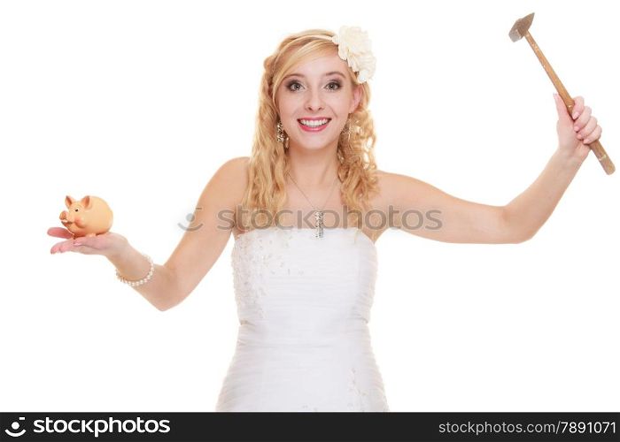 Money saving, marriage and high wedding cost concept. Funny woman bride with hammer about to smash piggy bank isolated on white