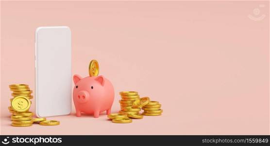 Money Savings and Investment Concept, Putting coin into piggy bank, Web banner with copy space, 3d rendering