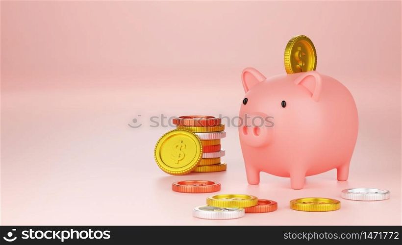 Money Savings Concept, Putting a coin into Piggy bank, Banner background with copy space, 3d renderings