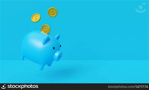 Money Savings Concept, Putting a coin into Piggy bank, Banner background with copy space, 3d renderings