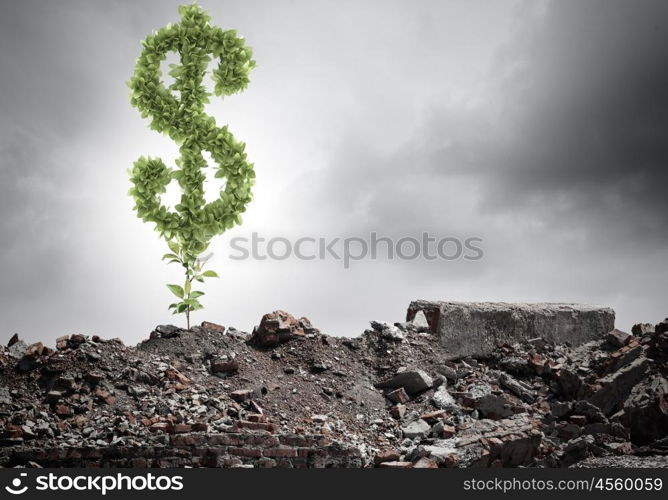 Money savings. Conceptual image of green dollar sign growing on ruins