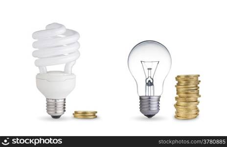 money spent in different light bulbs.Isolated on white
