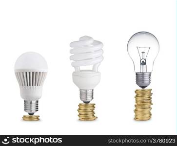 money spent in different light bulbs.Isolated on white