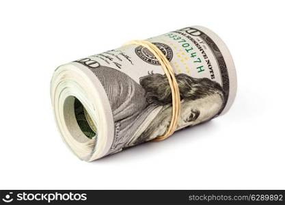 Money stash, finance reserve concept - roll of hundred dollar bills new 2013 year edition isolated on white
