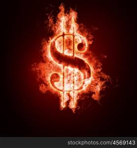 Money symbol open arms fire on a black background