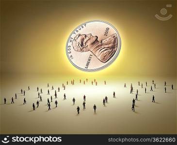 Money symbol with tiny human figures around