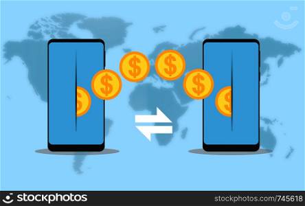 Money transfer using mobile device, 3D rendering