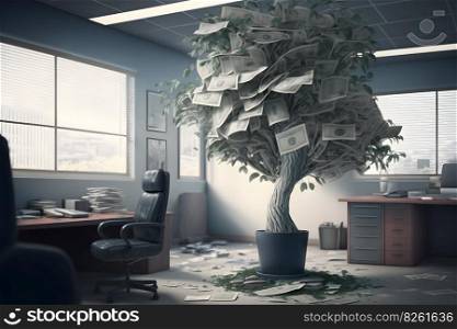 money tree in the office. Saving money and loan for business investment concept. Neural network AI generated art. money tree in the office. Saving money and loan for business investment concept. Neural network AI generated