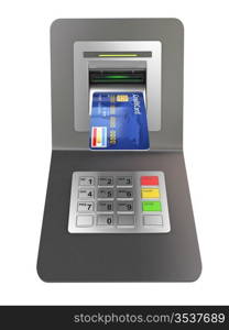 Money withdrawal. ATM and credit or debit card. 3d