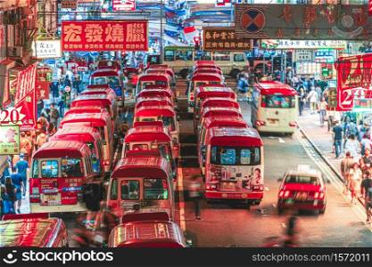 MONG KOK, HONG KONG - JULY, 2019 : Closeup Top view scene of Public mini bus stop staion on July 6, 2019 in Mong kok area, Hong Kong