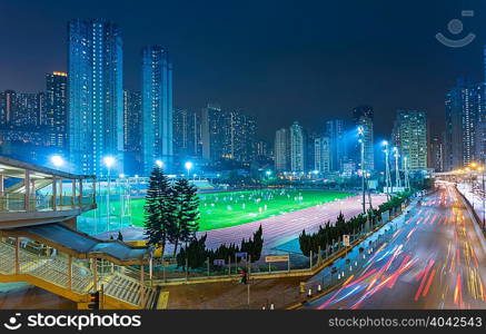 Mongkok apartment buildings and sports ground, Hong Kong, China
