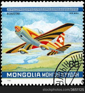 MONGOLIA - CIRCA 1980: A Stamp printed in MONGOLIA shows the Acrostar Plane, from the series &acute;10th World Aerobatic Championship&acute;, circa 1980