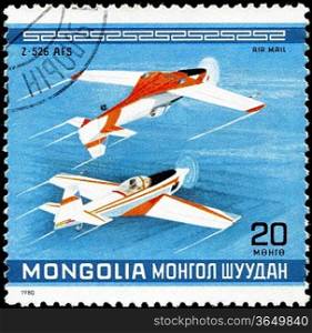 MONGOLIA - CIRCA 1980: A Stamp printed in MONGOLIA shows the Z-526 AFS Plane, from the series &acute;10th World Aerobatic Championship&acute;, circa 1980