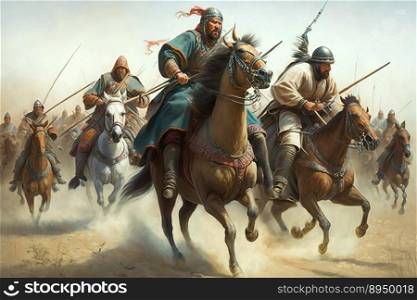 Mongolian army led by Genghis Khan. Ancient cavalry of armed horseback soldiers on horses. Illustration of historic Mongol army in combat created by generative AI