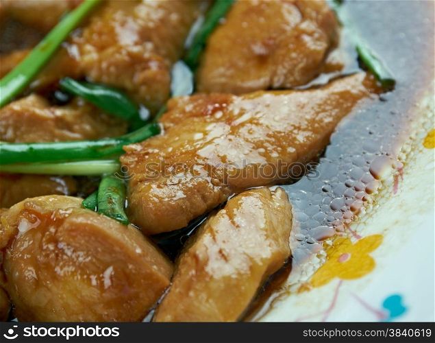 Mongolian Chicken - American style Chinese food stir fried. preparation methods are drawn from traditional Mongolian cuisine.
