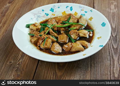 Mongolian Chicken - American style Chinese food stir fried. preparation methods are drawn from traditional Mongolian cuisine.