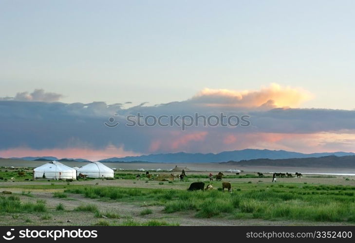 Mongolian landscape in the sunset