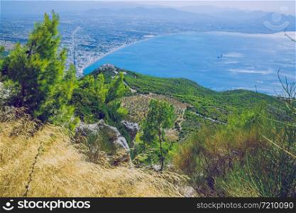 Moni Osiou Patapiou, Greek Republic. Mountains and water, blue sea. 14. Sep. 2019.